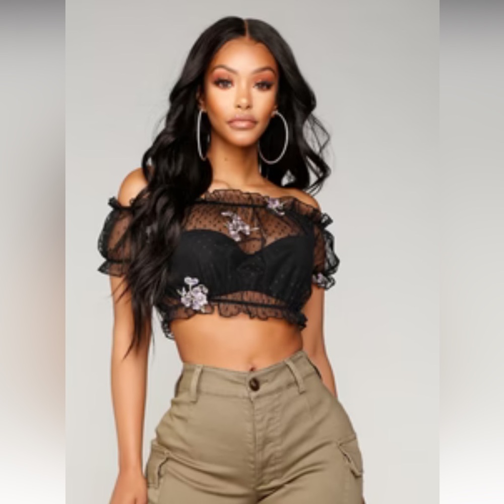 Fashion Nova Mesh Flower Crop Top - Black/Purple/Pink